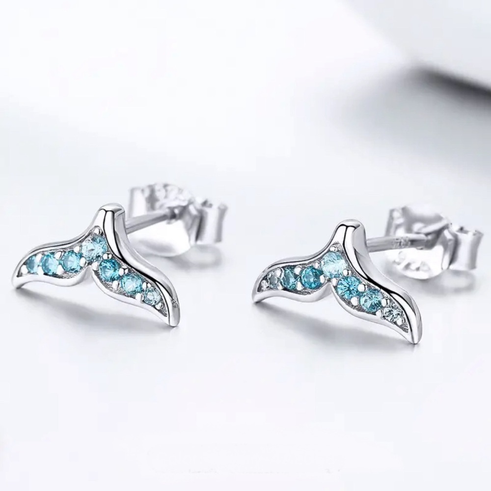 Genuine 925 Sterling Silver Whale / Mermaid Tail Earrings - Picture 5 of 8